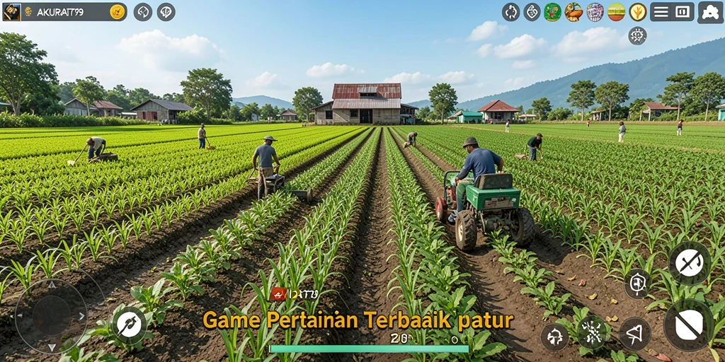 Tampilan gameplay <strong>AKURAT79</strong> dengan ladang yang subur dan hewan ternak aktif.