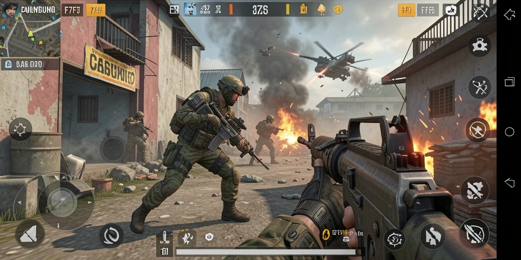 Screenshot gameplay F7F7 menampilkan aksi intens dalam pertempuran FPS.