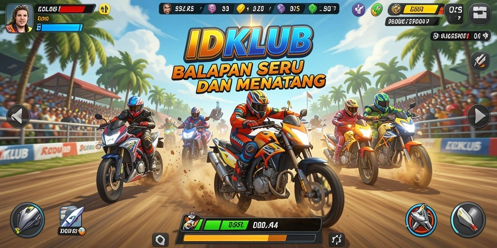 Tampilan gameplay seru IDKLUB dengan aksi balapan menegangkan.