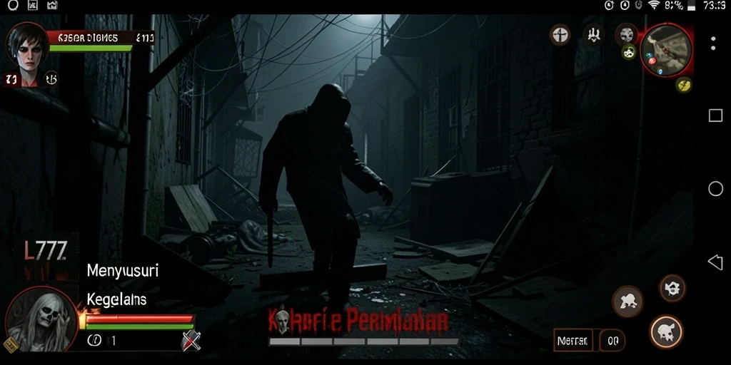 Screenshot gameplay L777 yang menampilkan suasana horor yang mencekam.