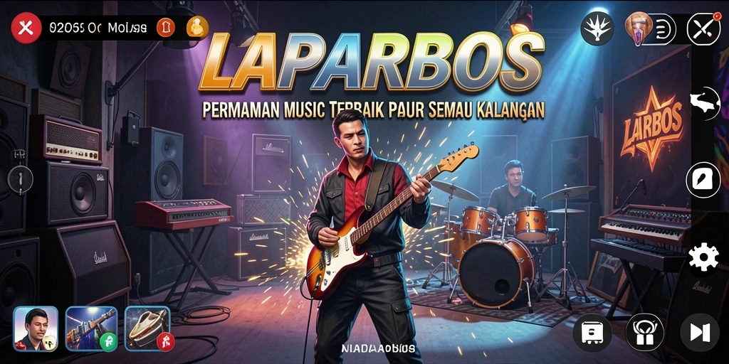 Tampilan gameplay LAPARBOS yang menarik dengan alat musik interaktif.