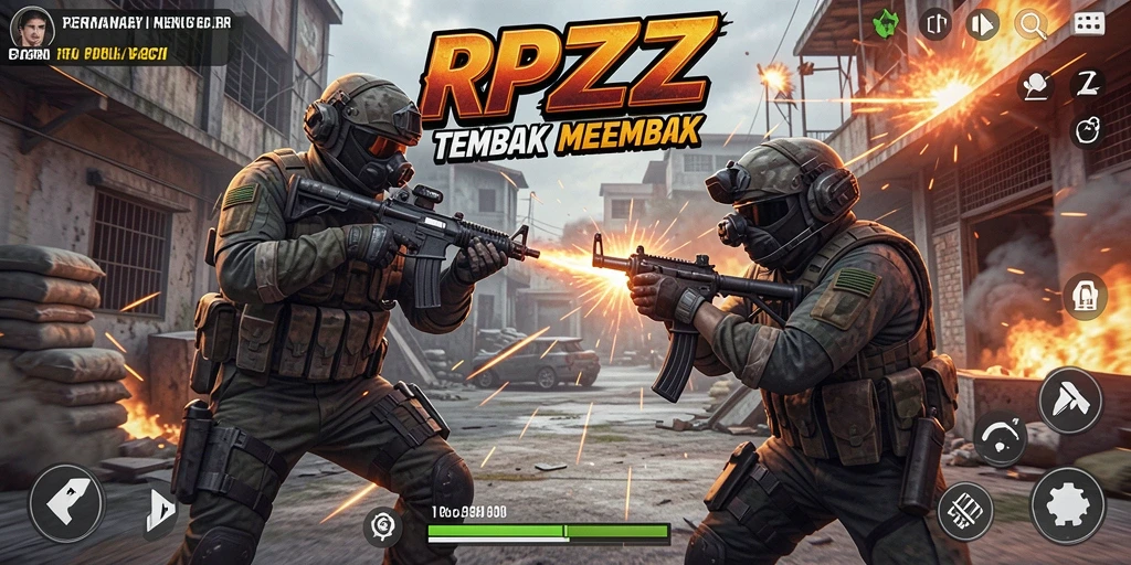 Tangkapan layar RPZZZ menunjukkan aksi tembak-menembak yang intens di medan perang.