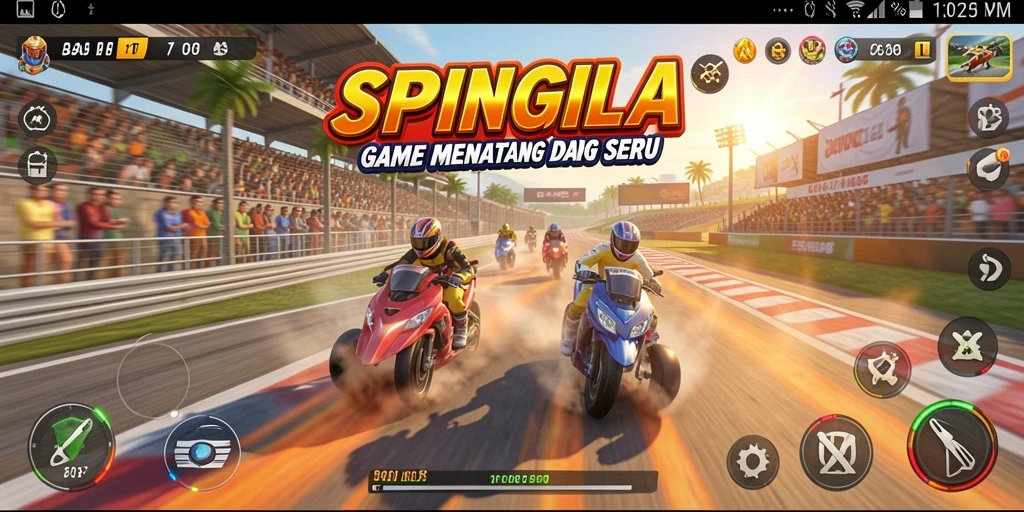 Gameplay SPINGILA dengan aksi balap mendebarkan di sirkuit.